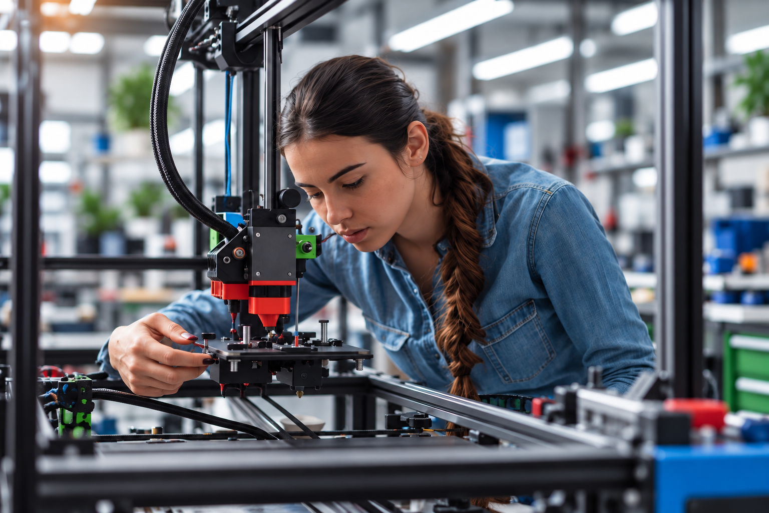 Cena ilustrativa de uma técnica ajustando uma impressora 3D com componentes nas cores da Recovery XYZ.